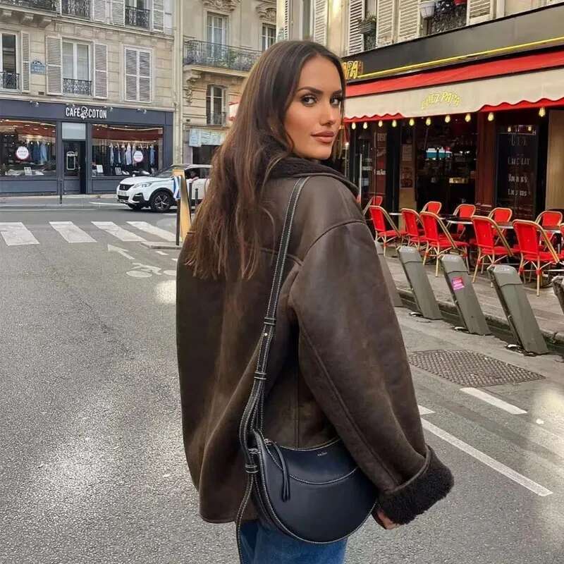 TRAF 2025 Woman Thick Faux Leather Jackets For Autumn Winter Warm Coats Female Demi-Season Plush Jacket Women Outerwears