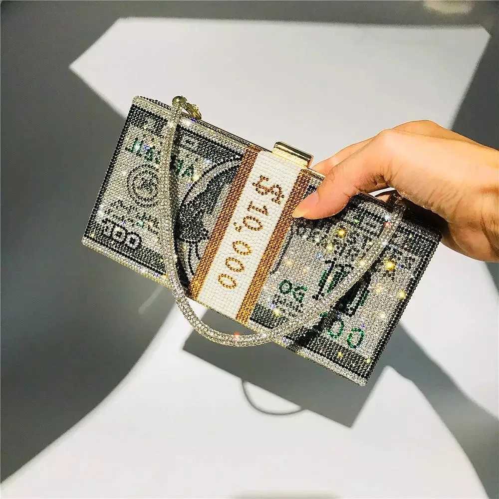 Money Clutch Rhinestone Purse 10000 Dollars Stack Cash Evening Handbags Shoulder Wedding Dinner Bag 2024 women bag wallet Z250510