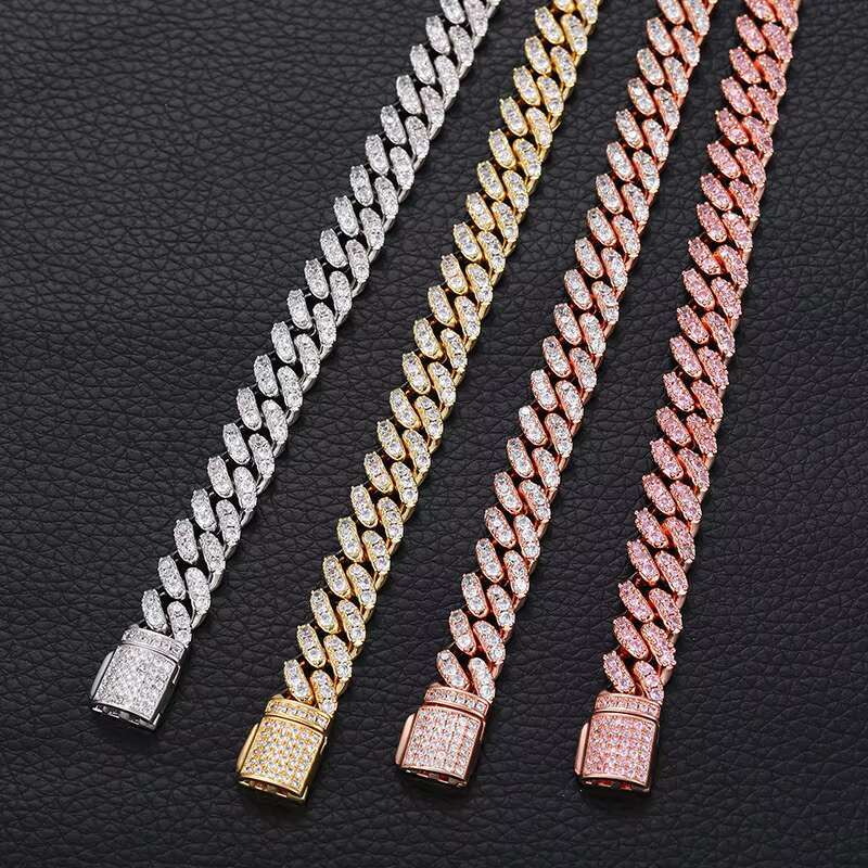 High Quality S925 Sterling Silver 8mm Moissanite Necklace European American Hip Hop Style Box Buckle Fashion Brand