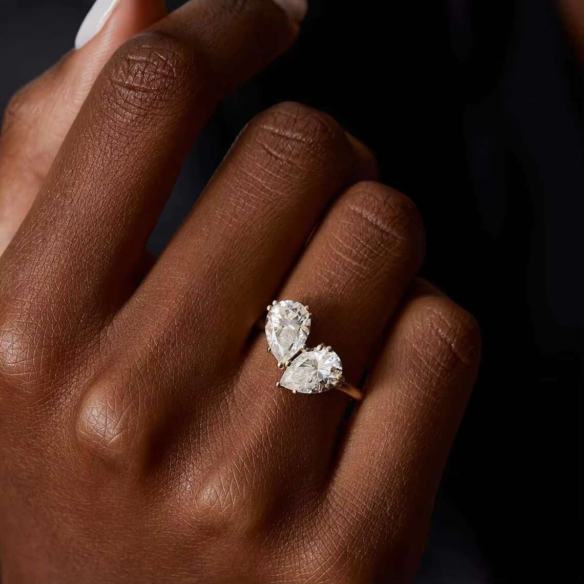 Bridal Jewelry Double Stone Engagement Heart Shape 925 Silver Pear Cut Moissanite Toi Et Moi Ring