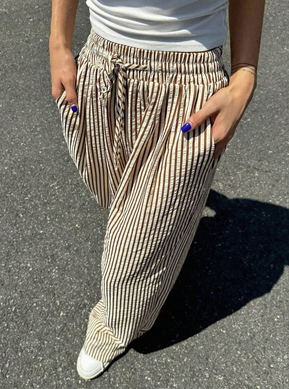 Direct sales from the source factory Women's Striped Print Drawstring Waist Wide Leg Pants, Casual Pocket Trousers for Daily Wear, Ladies Bottoms