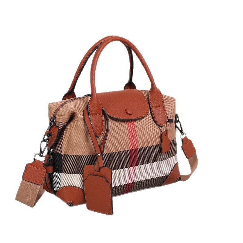 hot tote bag 2025 new Checked canvas with genuine leather versatile women's bag, handbag shoulder bag crossbody bag stylish flip - top splicing