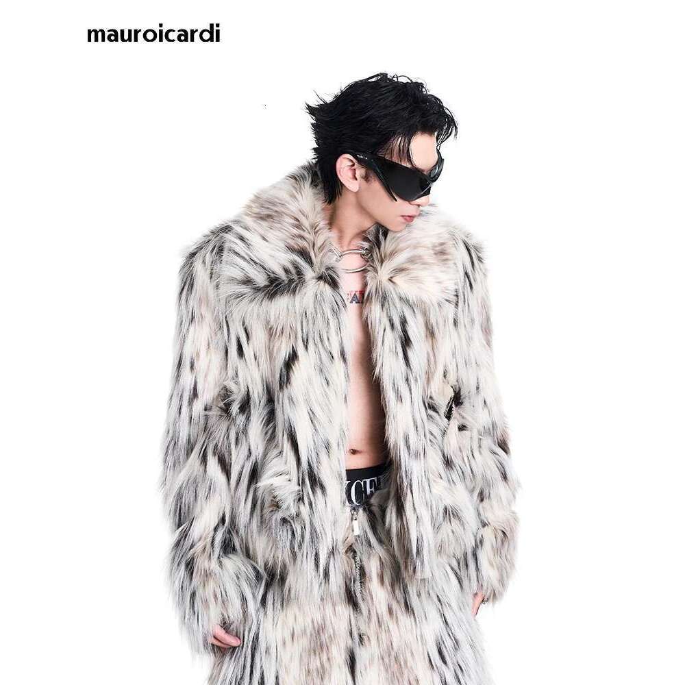 Mauroicardi Autumn Winter Cool Short Colorful Multicolored Thick Warm Hairy Faux Fur Coat Men Fluffy Jacket 2024 Y2k Streetwear