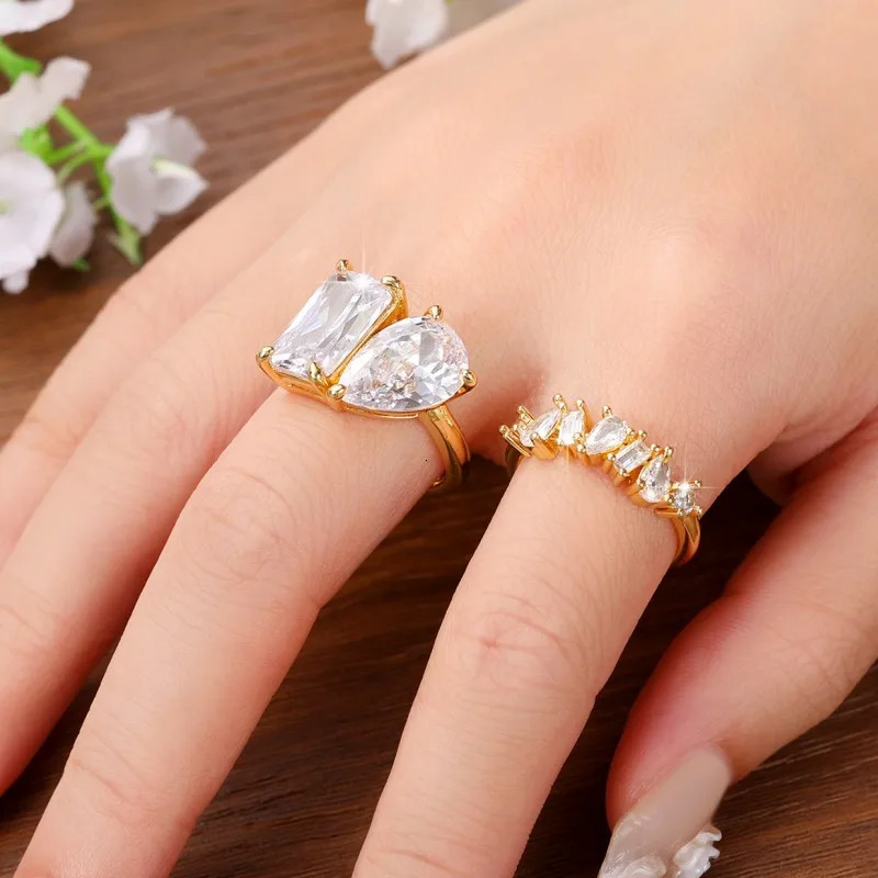 Huitan Waterdrop Rectangle Cubic Zircon Set Rings for Women Gold Color Wedding Party Accessories Fashion Female Jewelry 250519