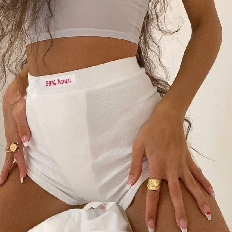 Summer white letter embroidered bicycle shorts ribbon knitted black high waisted casual streetwear 250506Z
