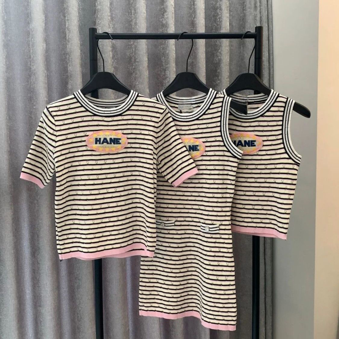 Summer New woman Tees Vest skirt Chest Letter Embroidered Knitted Striped Round Neck Short Sleeve Top Clothing