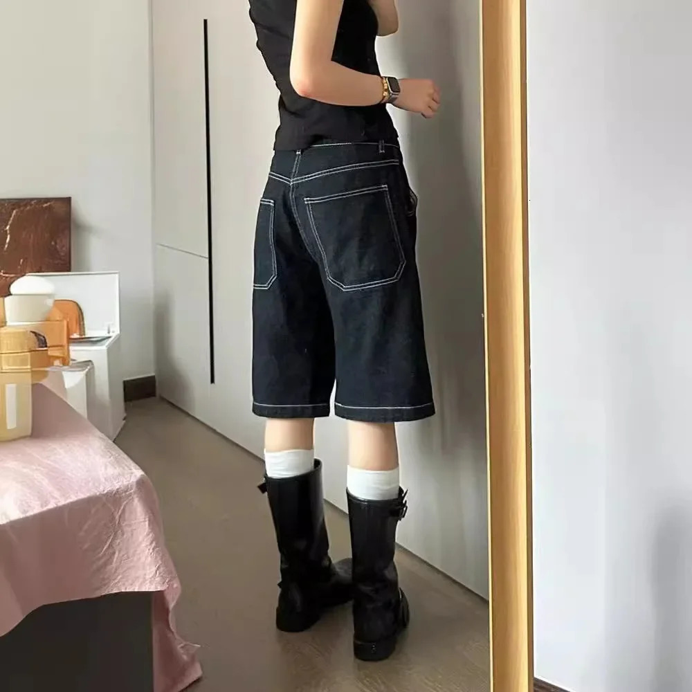 Womens Summer Style Casual LooseFit Slimming HighWaisted Denim Shorts Trendy Cotton Knit StraightLeg MidLength Pants 250506Z