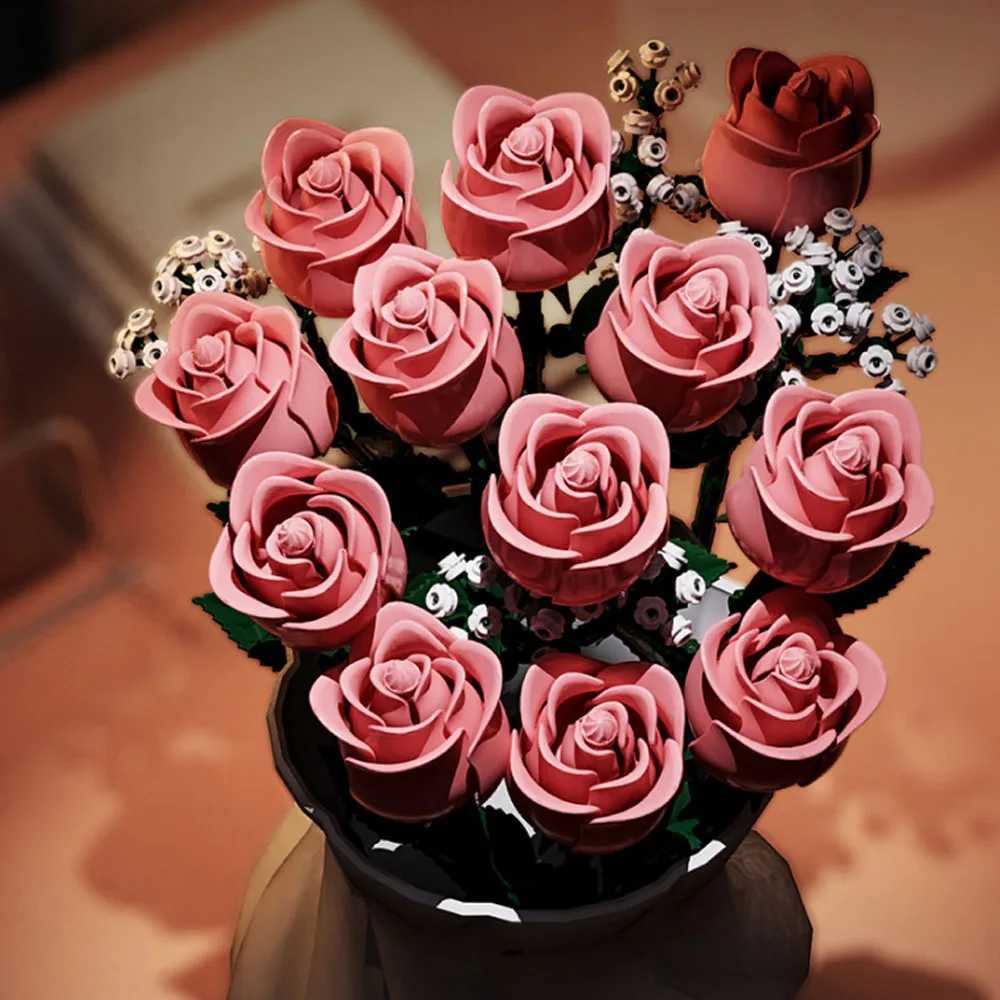968PCS Pink Roses Romantic Rose Flower Bouquet Building Blocks Creative Plant Decoration Assemble Bricks Toys Gifts Girls Lady X250509