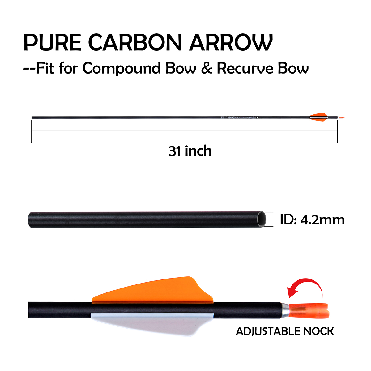 Archery Arrows without Arrow Tips Spine350-1500 31inch 4.2mm Hunting Arrows Carbon Targeting Arrows for Recurve Bow & Compound Bow Practice Arrows 12P