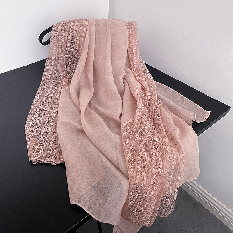 K672 Spring and autumn lace linen long thin scarf Japanese and Korean ladies fashion solid color shawl high-grade cotton and linen scarf
