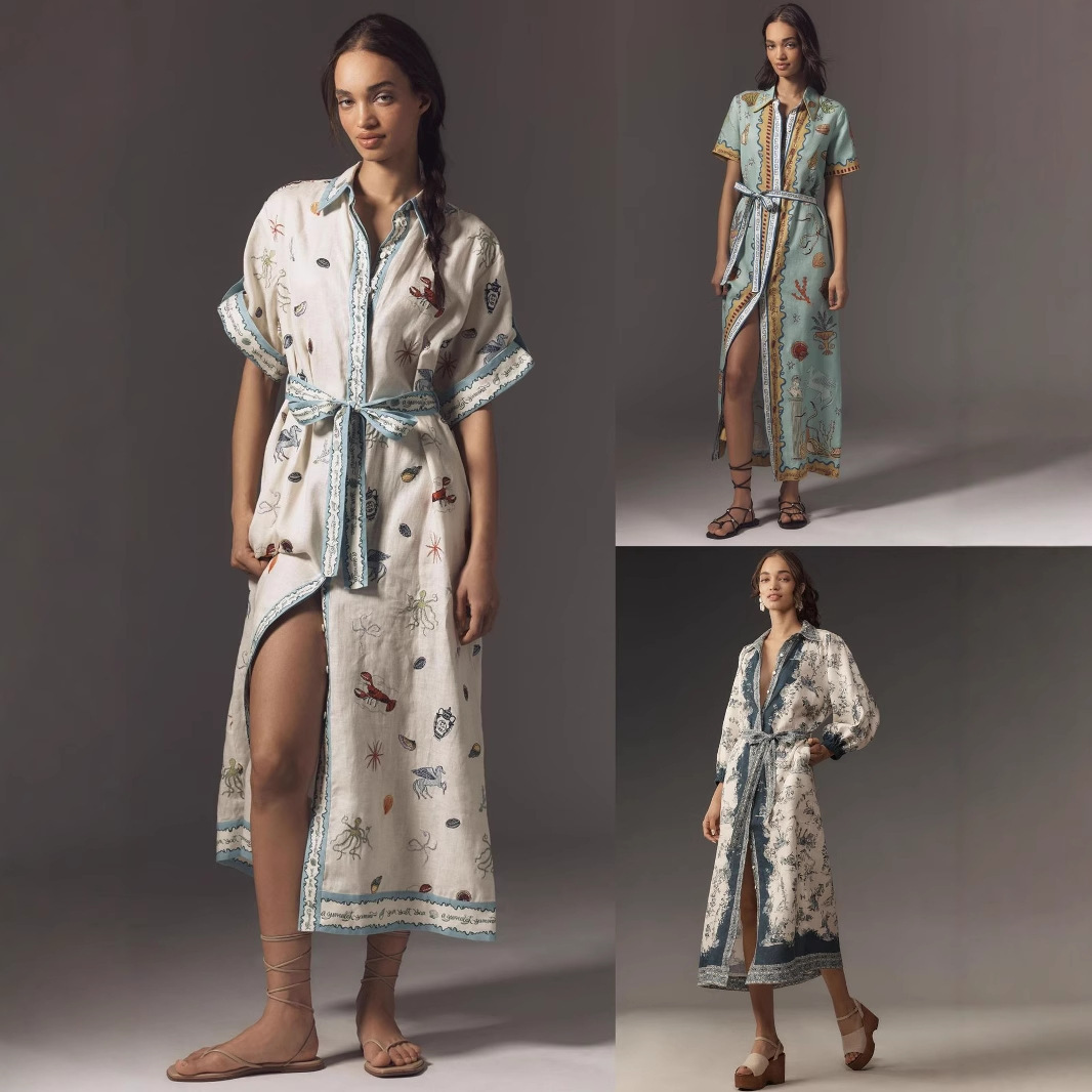 2025 New Fashion Women Linen Shirt Dress Flower Printed Shirt Skirt Casual Slim Fit Long Dresses Linen Clothes