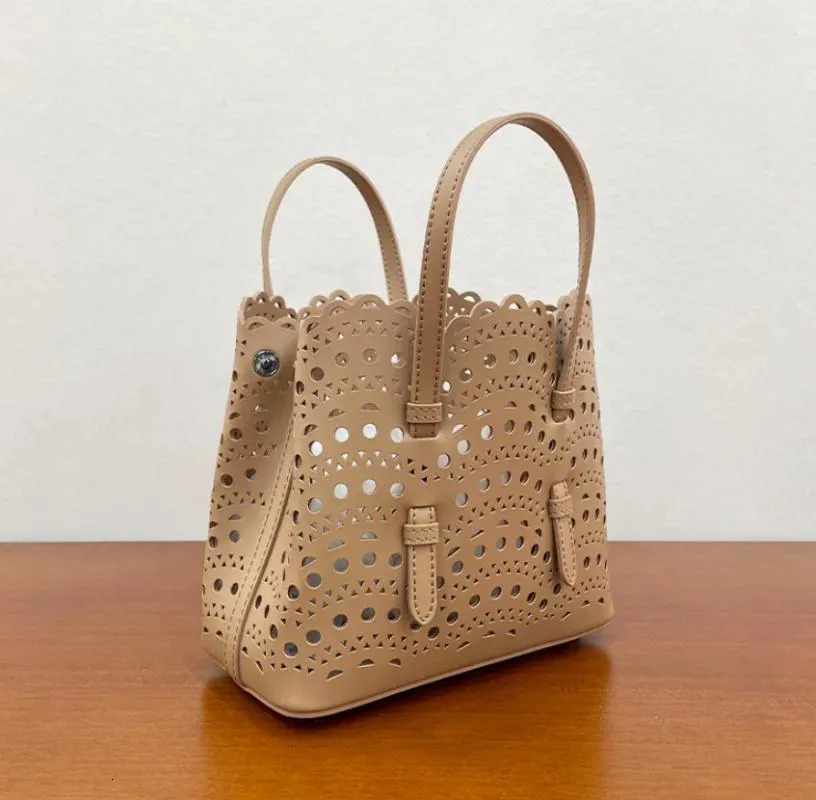 Laser Cut Mini Mina Calfskin Tote: Black Top Handle Bucket Bag New Free Delivery Designer Bag