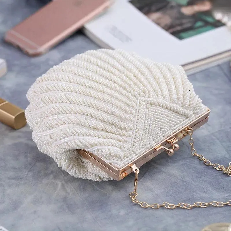 White Shell Evening Clutch Bag With Pearl Beading - Elegant Wedding Handbag For Women New Free Delivery Designer Bag