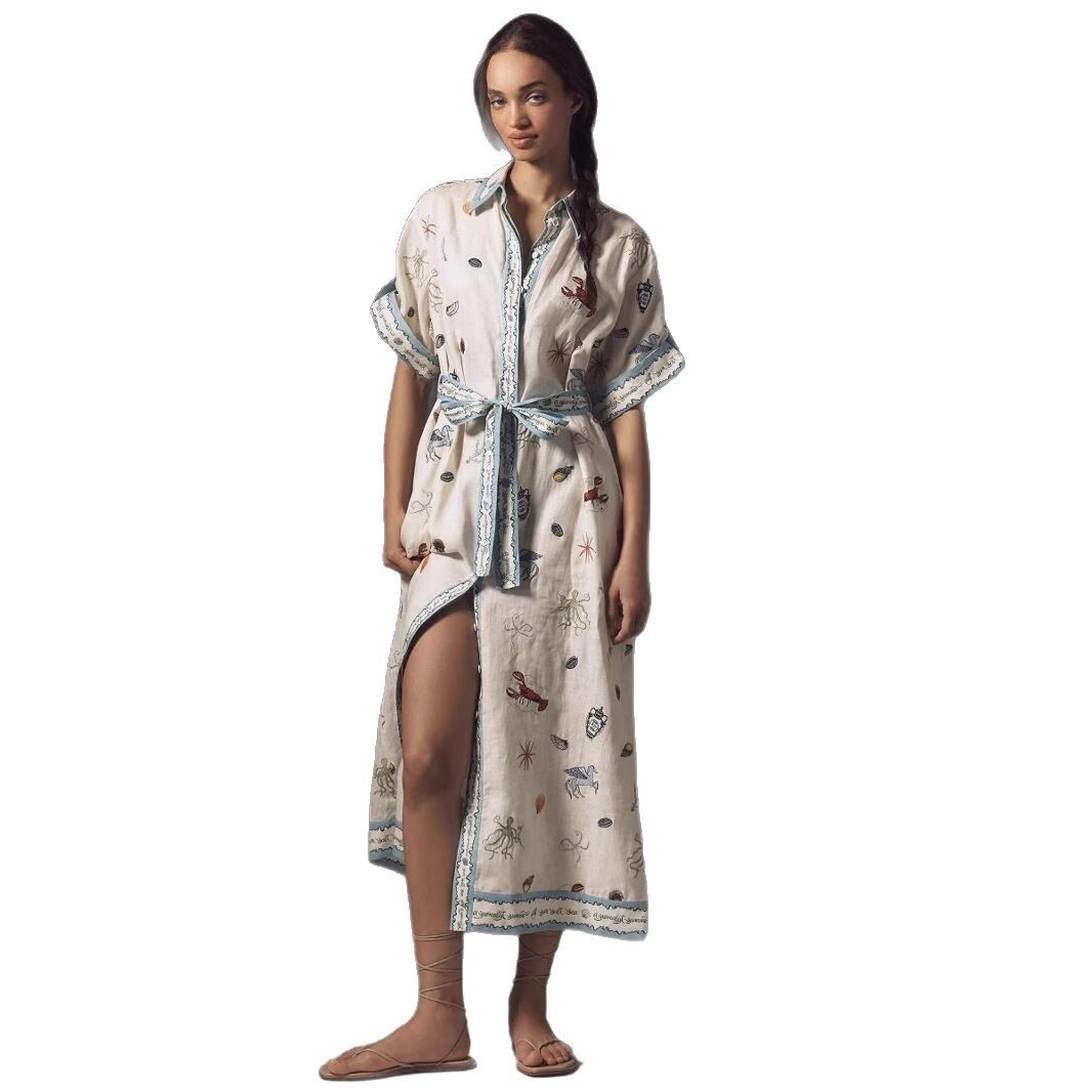 2025 New Fashion Women Linen Shirt Dress Flower Printed Shirt Skirt Casual Slim Fit Long Dresses Linen Clothes