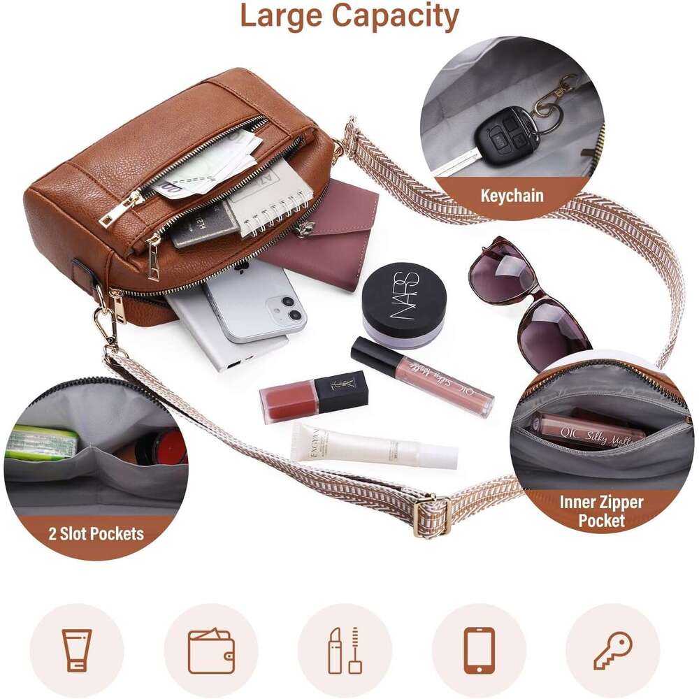 Crossbody Bags Women Small Leather Shoulder Handbag with Adjustable Wide Strap Lightweight Cross Body Bag for Ladies Girls Travel Shopping Work Daily