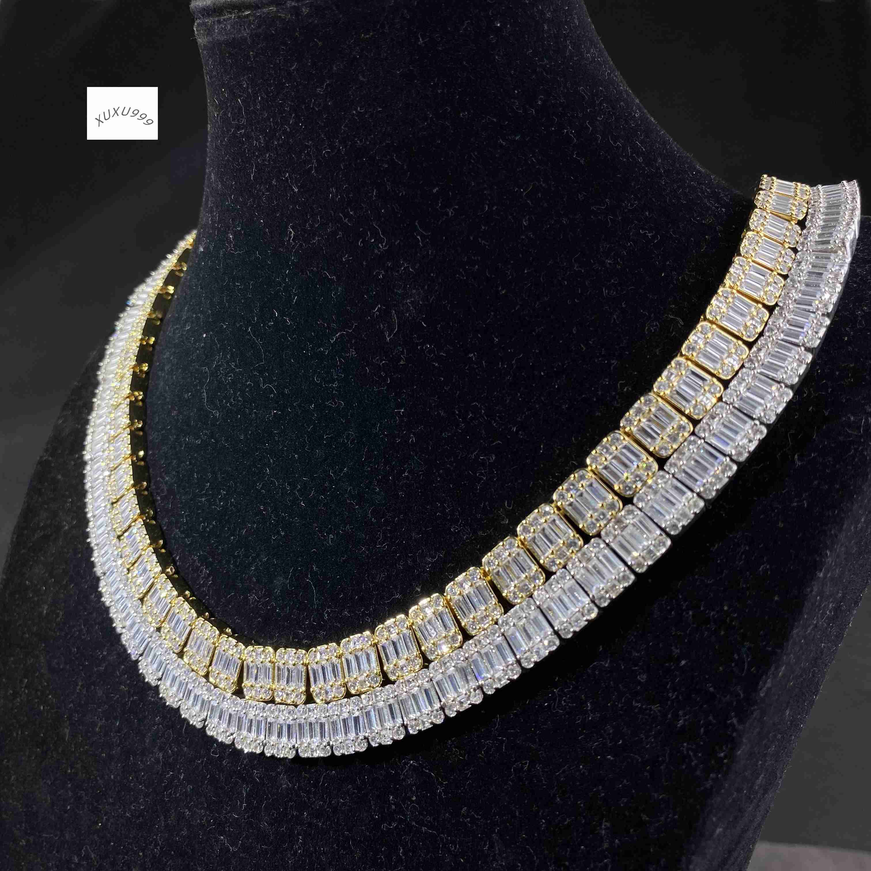Hip Hop Jewelry Fashion 10mm Full Iced Out Baguette Clustered Tennis Chain Necklace