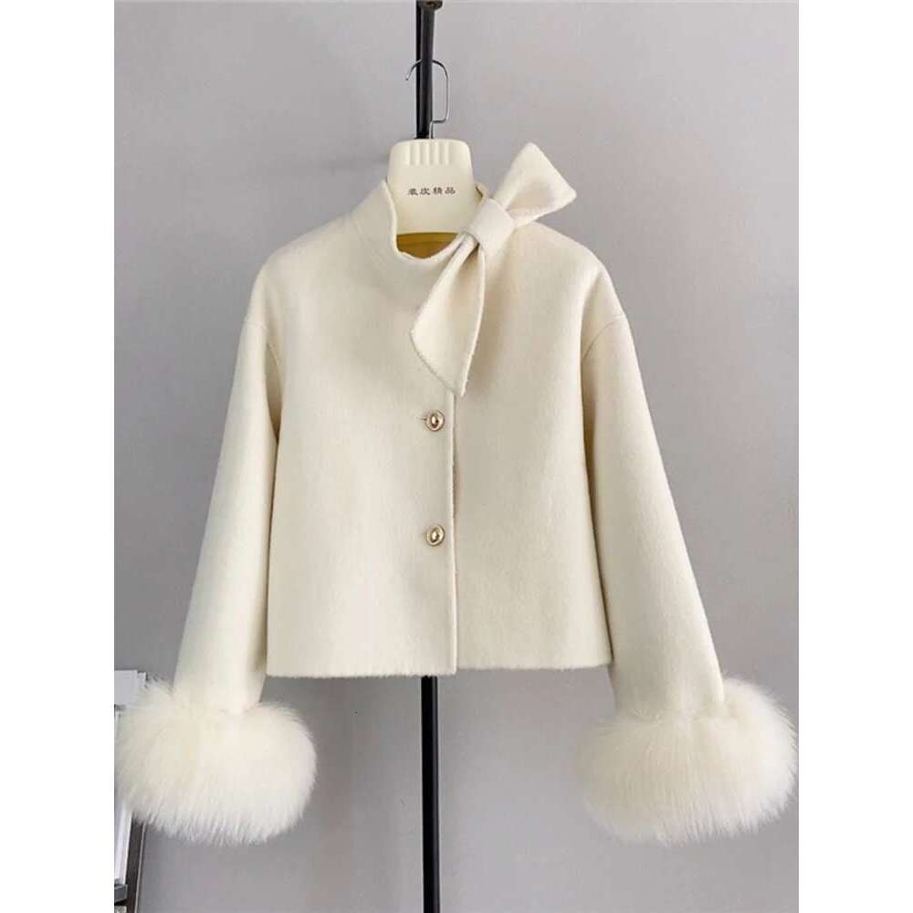 2024 New Winter Real Natural Fox Fur Cuff Ladies Outwear Female Coat Cashmere Wool Woolen Women Jacket Designer