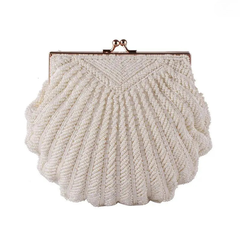White Shell Evening Clutch Bag With Pearl Beading - Elegant Wedding Handbag For Women New Free Delivery Designer Bag