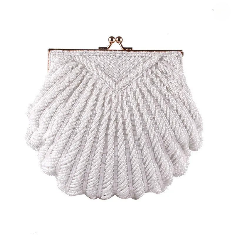 Free Shipping Evening Bags Elegant Pearl Beading White Shell Pochette Women Wedding Purse And Handbag Lady Embroidery Mariage Banquet Clutch Bag