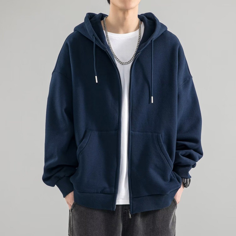 Hooded solid color cardigan jacket spring and autumn trendy brand American high street casual men's clothing loose 2023 new item