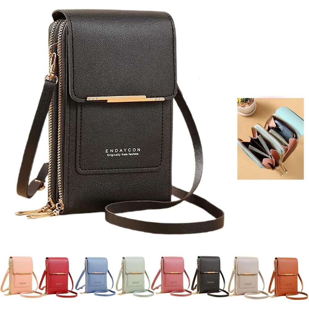 Bag Women Multi-Pockets, Leather Ladies Cross Body Handbags Phone Pouch with Long Strap Zips Card Slots Cellphone Shoulder Bags Coin Purse Wallet Blac