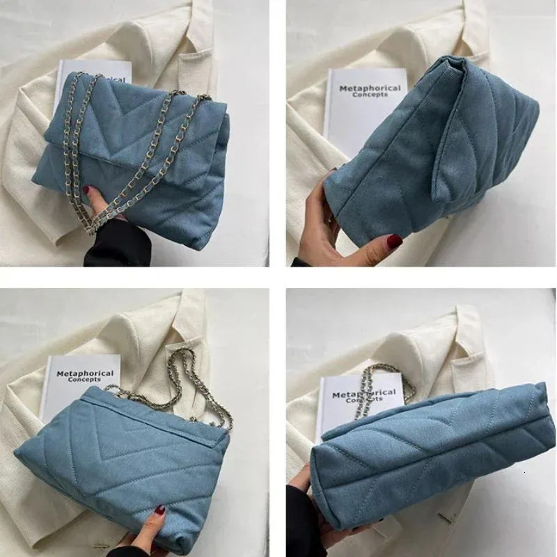 Vintage Bags: Denim Dia Pattern Messenger Bag - Large Capacity, Navy Blue Shoulder Handbag For Work, Study, And Street Style New Free Delivery Designe