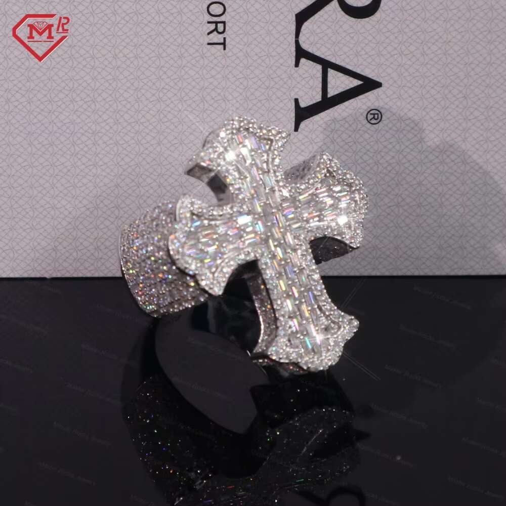 Gra Certificate Cross Men's Hip Hop Long Stick Bread Silver Vvs Iced Silica Ring