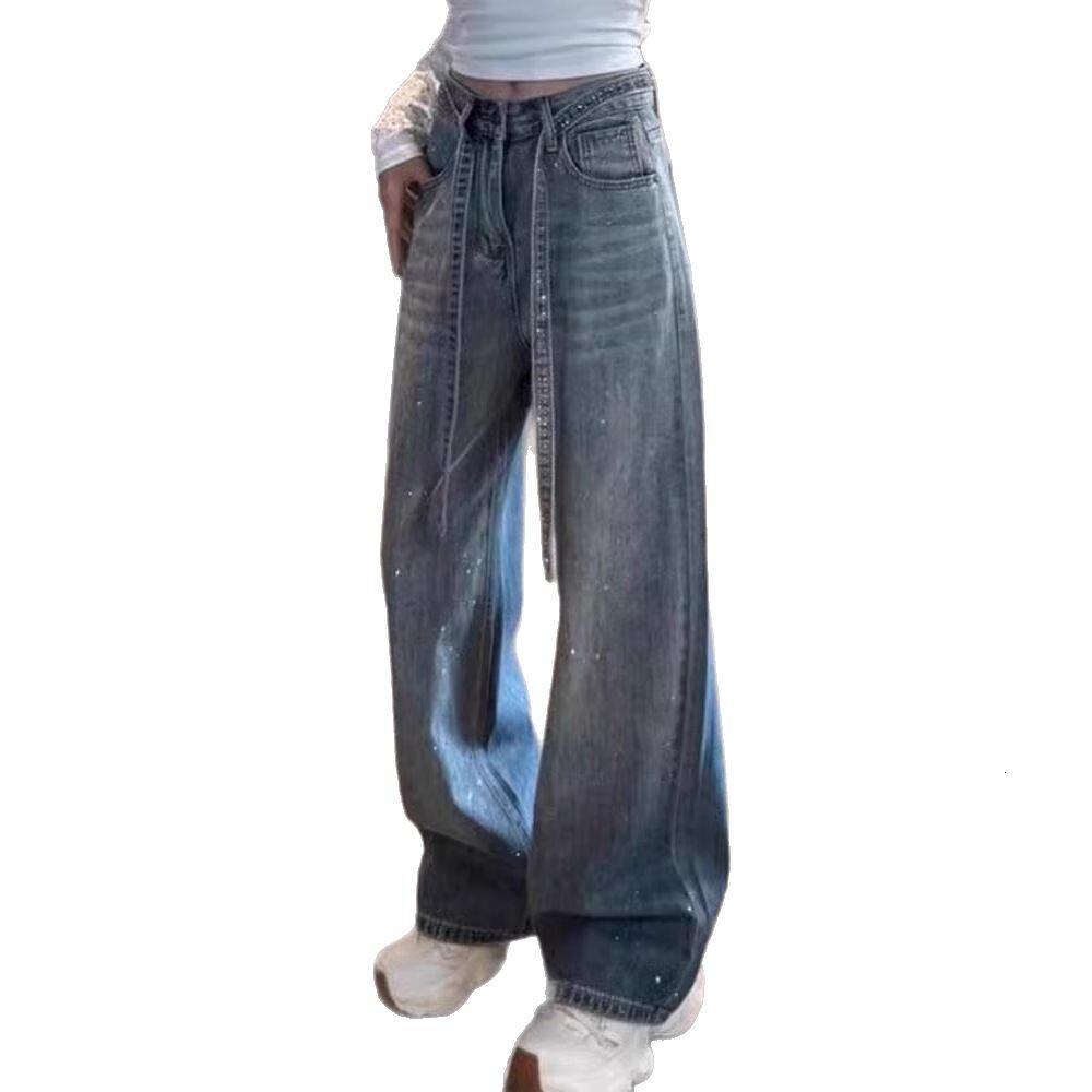 American black rhinestone wide leg jeans for women in spring and summer, plus size, fat, mm, fashionable floor length, sickle shaped banana pants