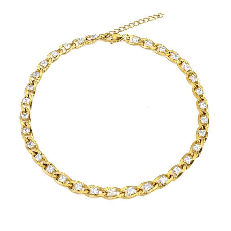 Hot Sale Stainless Steel Gold 39.5cm Necklaces with Sliver Shiny Crystal Stone Unisex Necklaces Men and Women Jewelry Gift