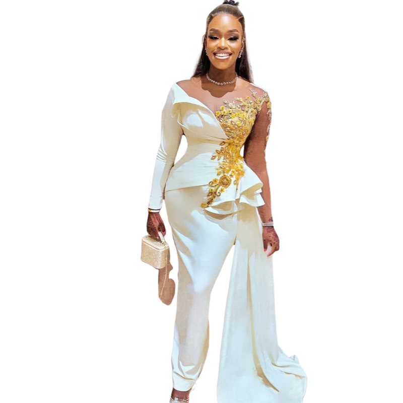 Elegant African Ivory Formal Evening Dresses With Gold Lace Appliques Crystals Beaded Long Sleeves Reception Gown Pleats Mermaid Prom Dress For Black 