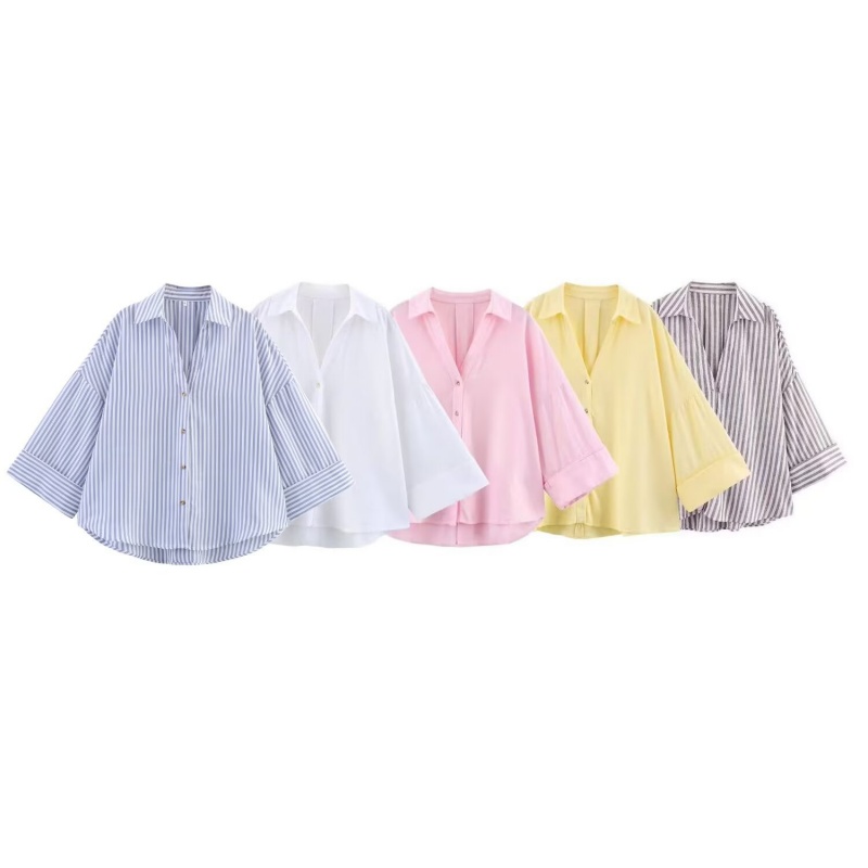 Free shipping summer hot selling woman fashionable casual versatile lapel striped wide sleeved shirt oversize XS-L size blue white color