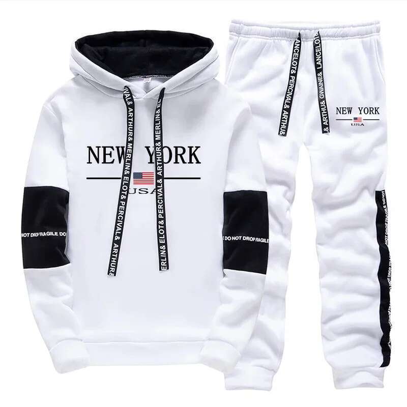 New York Letter Printed Hoodies Sweatpants Men's Autumn Daily Casual Sports Jogging Suit Urban Fashion Streetwear Gym Outfits Designer