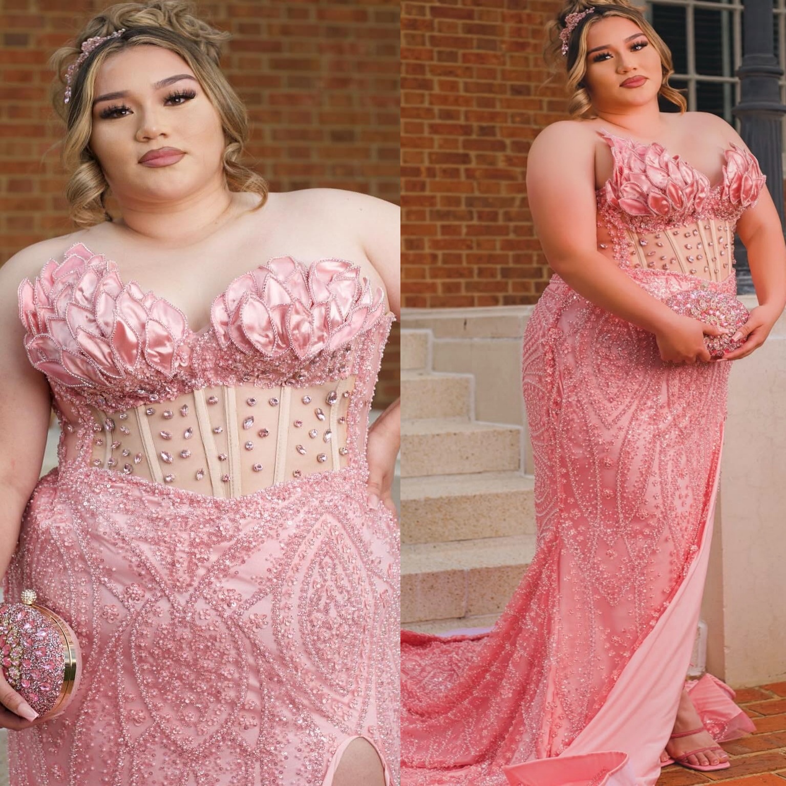 Mermaid Pink Plus Size Prom Dresses 2025 Crystals Florals Sequined Lace Sparkly Evening Formal Party Second Birthday Engagement Gowns Dress For Specia