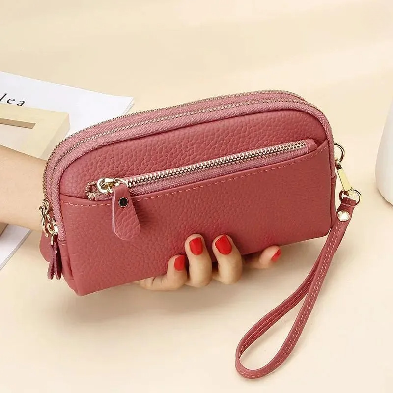 - Premium Leather Clutch Purse, Women's Wallet With Double Zip, Cowhide Wristlet Bag, Fashionable Mobile Phone Holder New Free Delivery Designer 