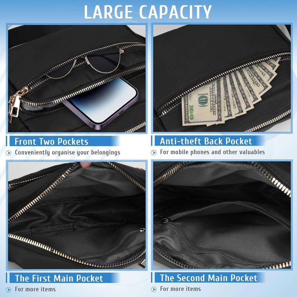 Cross Body Women Multi Pocket Handbags Shoulder Bags Waterproof Nylon Anti Theft Messenger Bag for Travel Shopping Appointment Daily