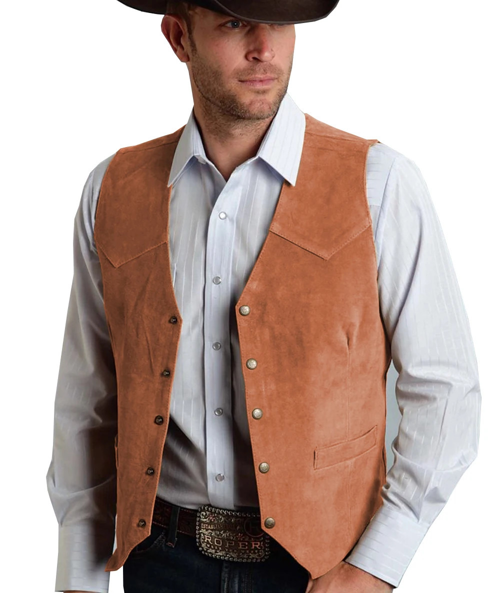 Brown Vest Mens Formal Business Set Suede Waistcoat Groom Wedding Dress Cowboy 250506