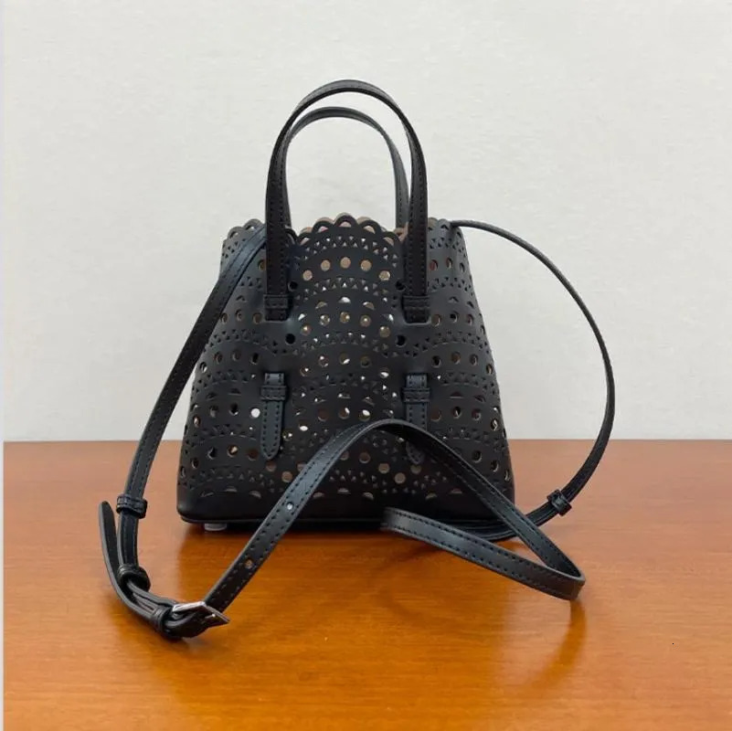 Laser Cut Mini Mina Calfskin Tote: Black Top Handle Bucket Bag New Free Delivery Designer Bag