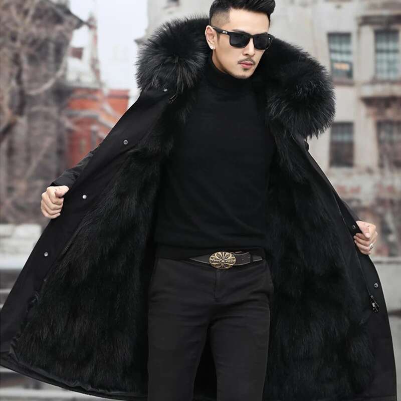 Man Parka Winter Stylish Jacket Long Streetwear Russian Real Fox Natural Raccoon Fur Collar Hooded Thick Warm Coat
