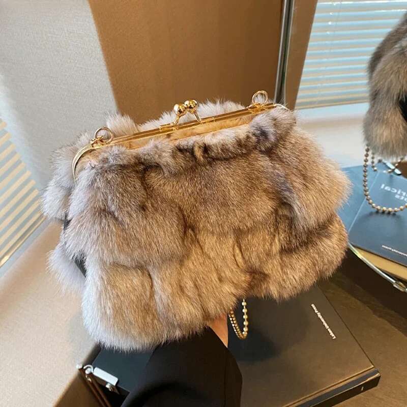 Dinner Bag Soft Plush Evening Bags For Elegant Women Fox Fur Dinner Party Clutch Chain Crossbody Winter Warm Handbags KQ