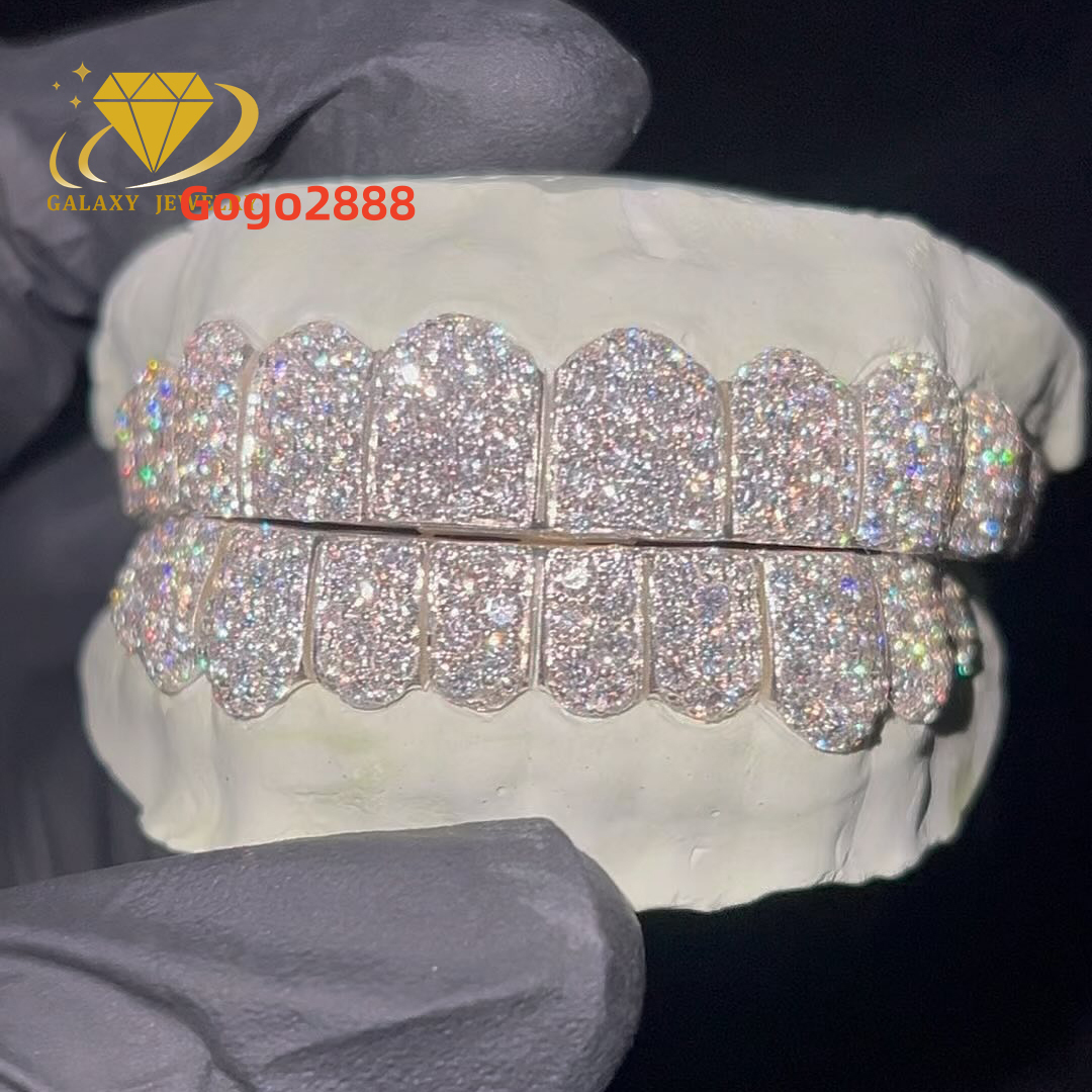 Custom Dental Grills Iced Out 925 Silver Hip Hop Jewelry Prong Setting Regular Sculpt Vvs Moissanite Diamonds Teeth Grillz
