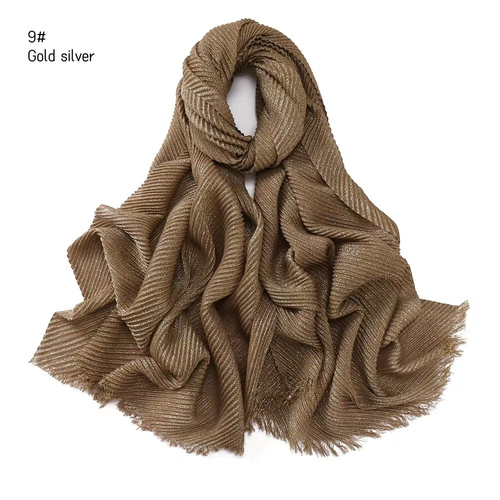 T684 gold and silver thread monochrome cotton and linen wrinkled scarf solid color short beard tassel large size headscarf shawl