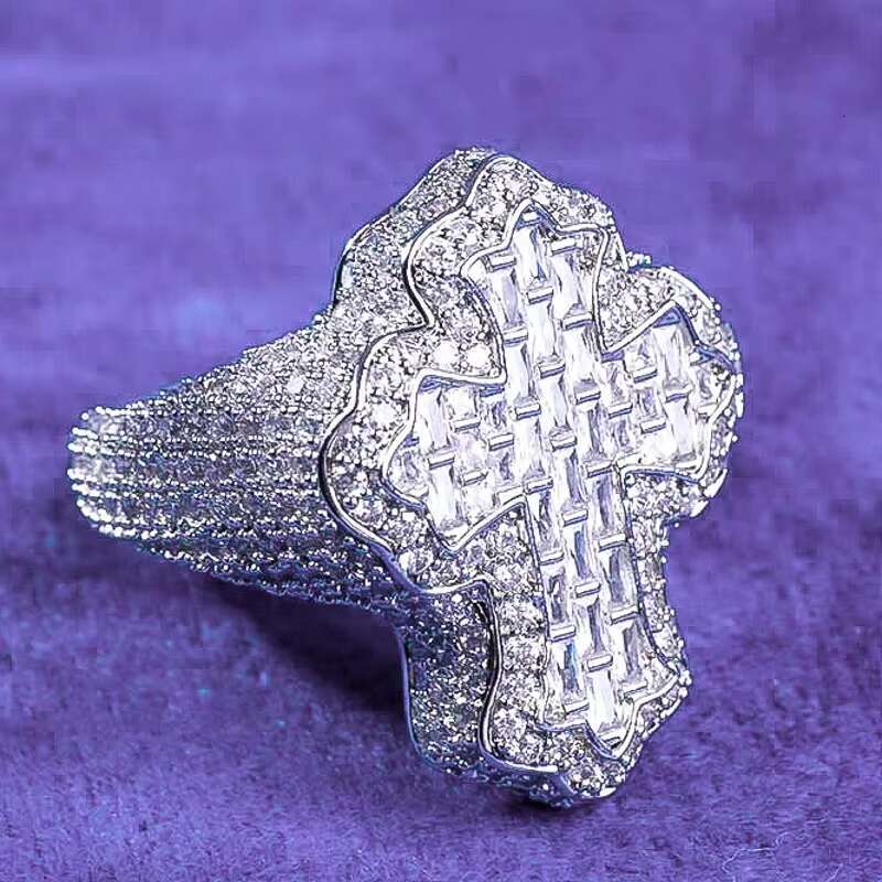 Gela hip-hop chilled pure silver diamond tester VVS moissanite hibiscus French long stick cross ring