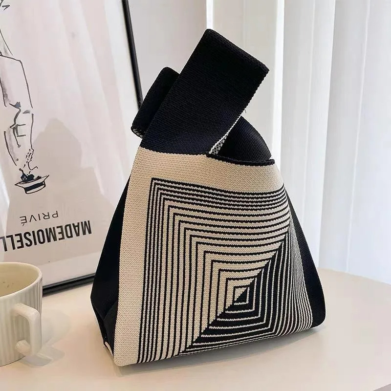 Korea Bag, Stylish Striped Knitted Tote Bag: Large Capacity Portable Everyday Shoulder Bag - Solid Color Outdoor Storage Tote New Free Delivery Design