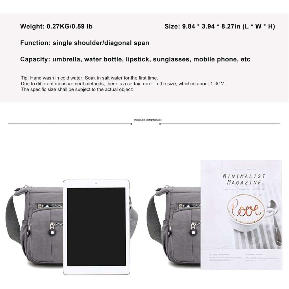 Womens Nylon Crossbody Waterproof Multi-Pocket Shoulder Tote Lightweight Travel Messenger Bag