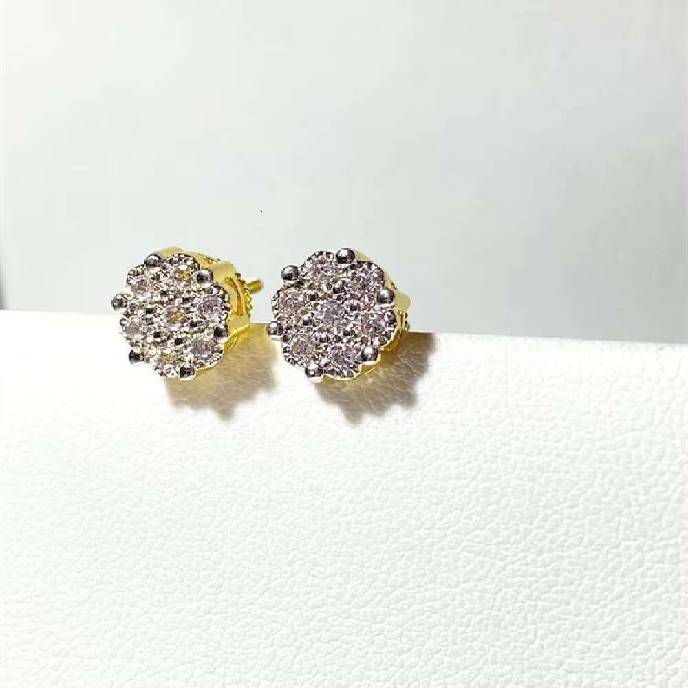 Hip hop men's chilled 14k gold-plated flower spiral back clustered pyroxene earrings