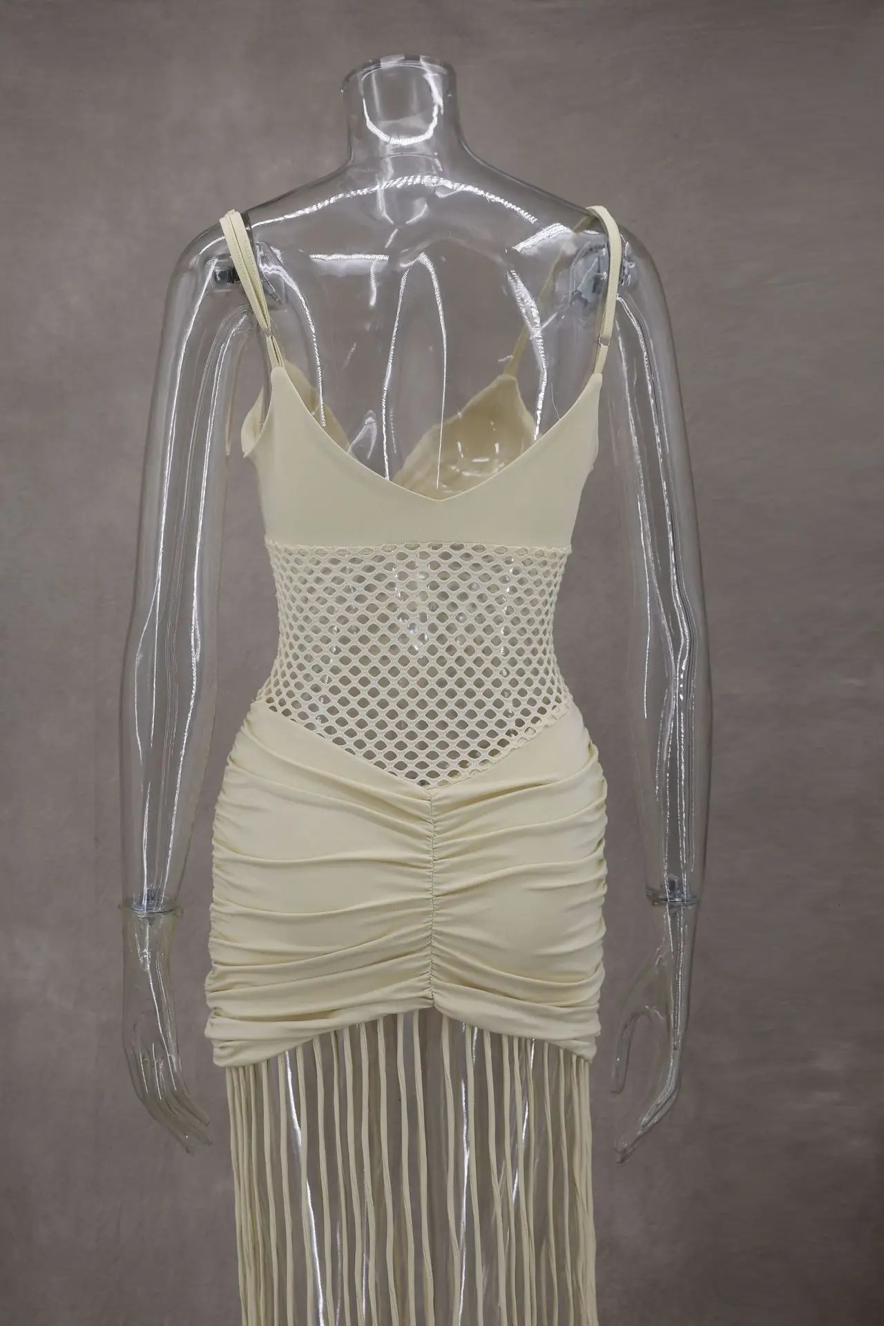 Spring and summer sexy hollow shoulder mesh packaging womens long skirt pleated hem tassel slim fit beach party dress 250430Z