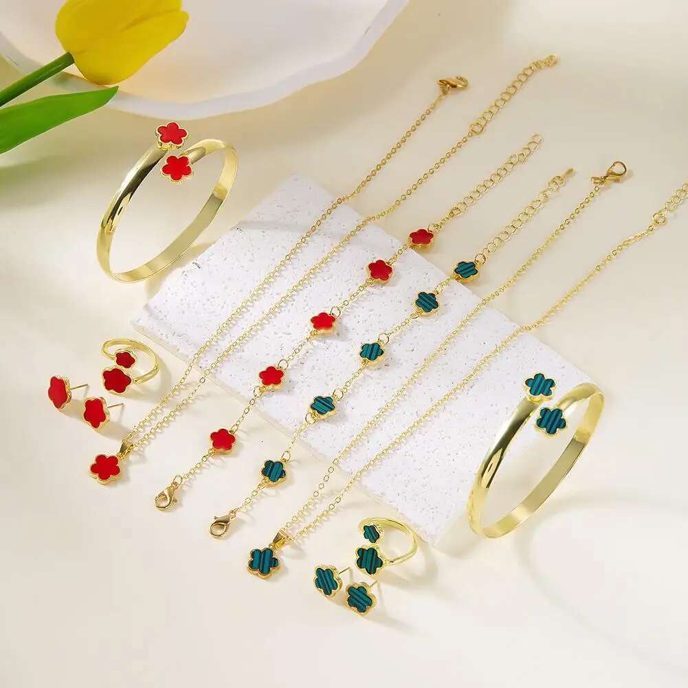 5 Pcs Set Jewelry Stainless Steel Five Leaf Clover 316L For Women Elegance French Niche Necklaces Bracelets Earrings