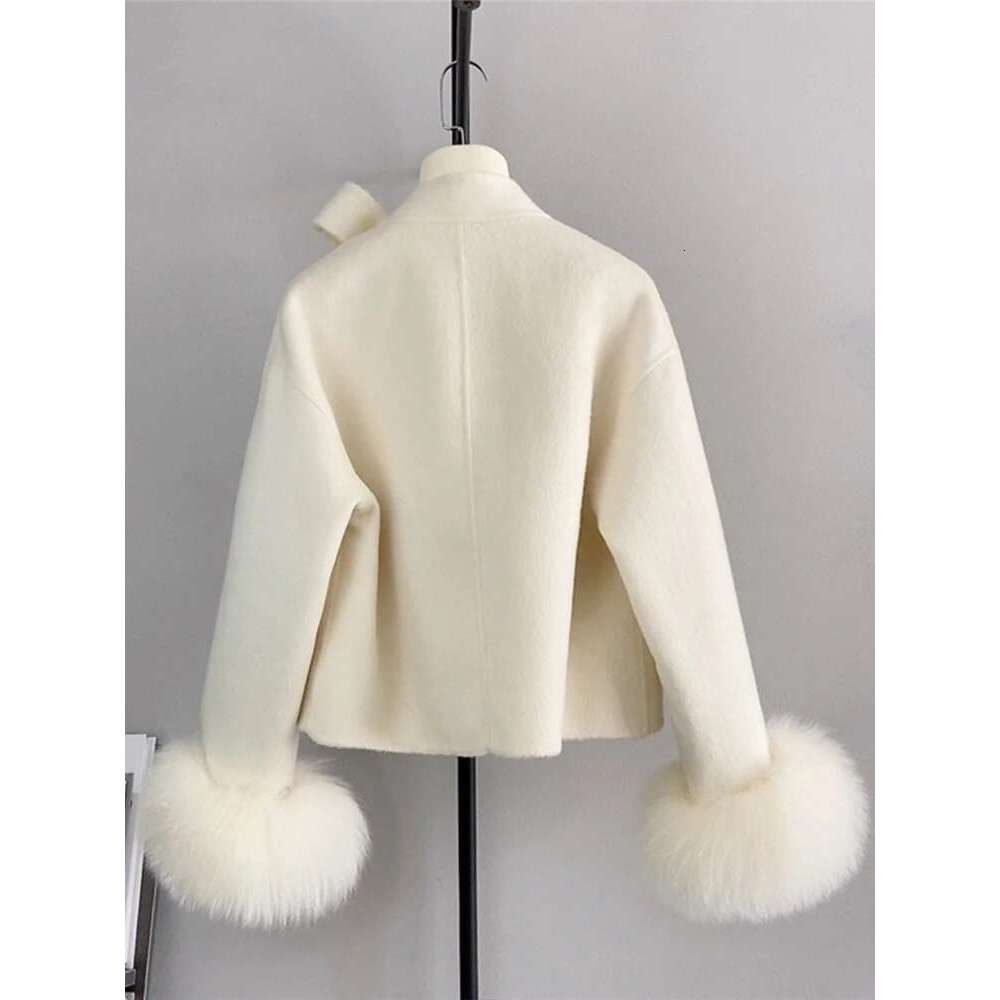 2024 New Winter Real Natural Fox Fur Cuff Ladies Outwear Female Coat Cashmere Wool Woolen Women Jacket Designer