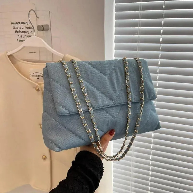 Vintage Bags: Denim Dia Pattern Messenger Bag - Large Capacity, Navy Blue Shoulder Handbag For Work, Study, And Street Style New Free Delivery Designe