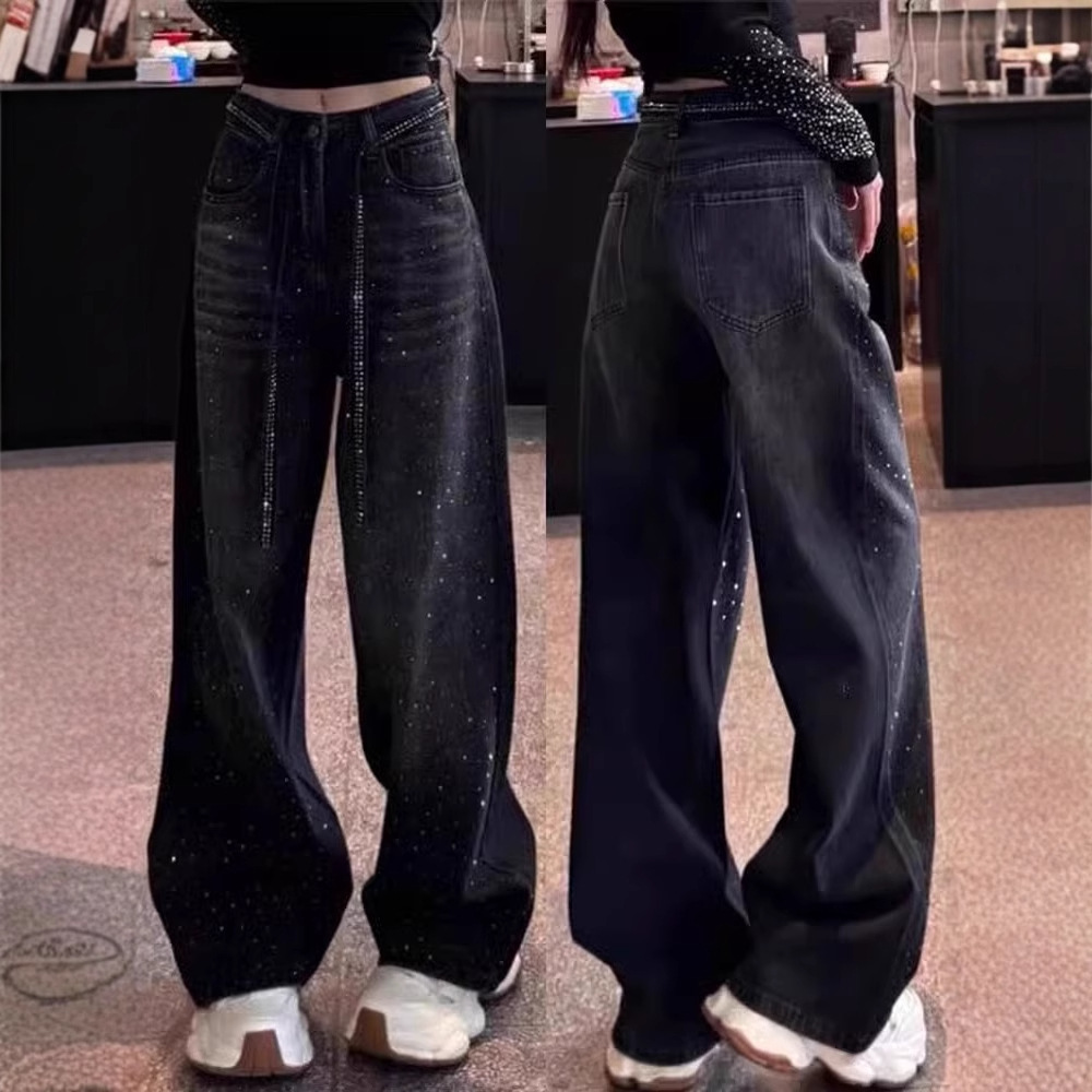 American black rhinestone wide leg jeans for women in spring and summer, plus size, fat, mm, fashionable floor length, sickle shaped banana pants